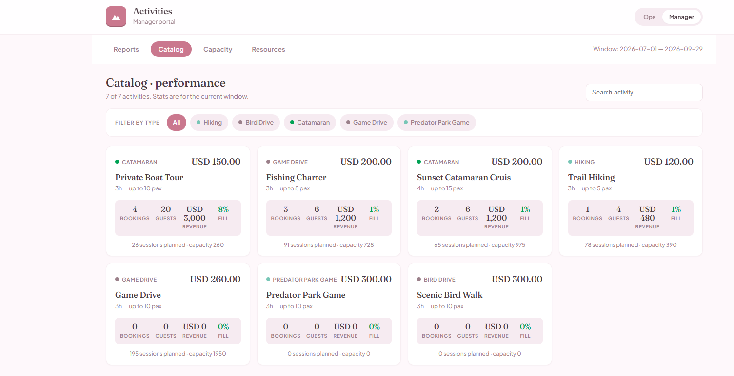 Online booking engine showing the activity catalog of tours, classes and rentals guests can book
