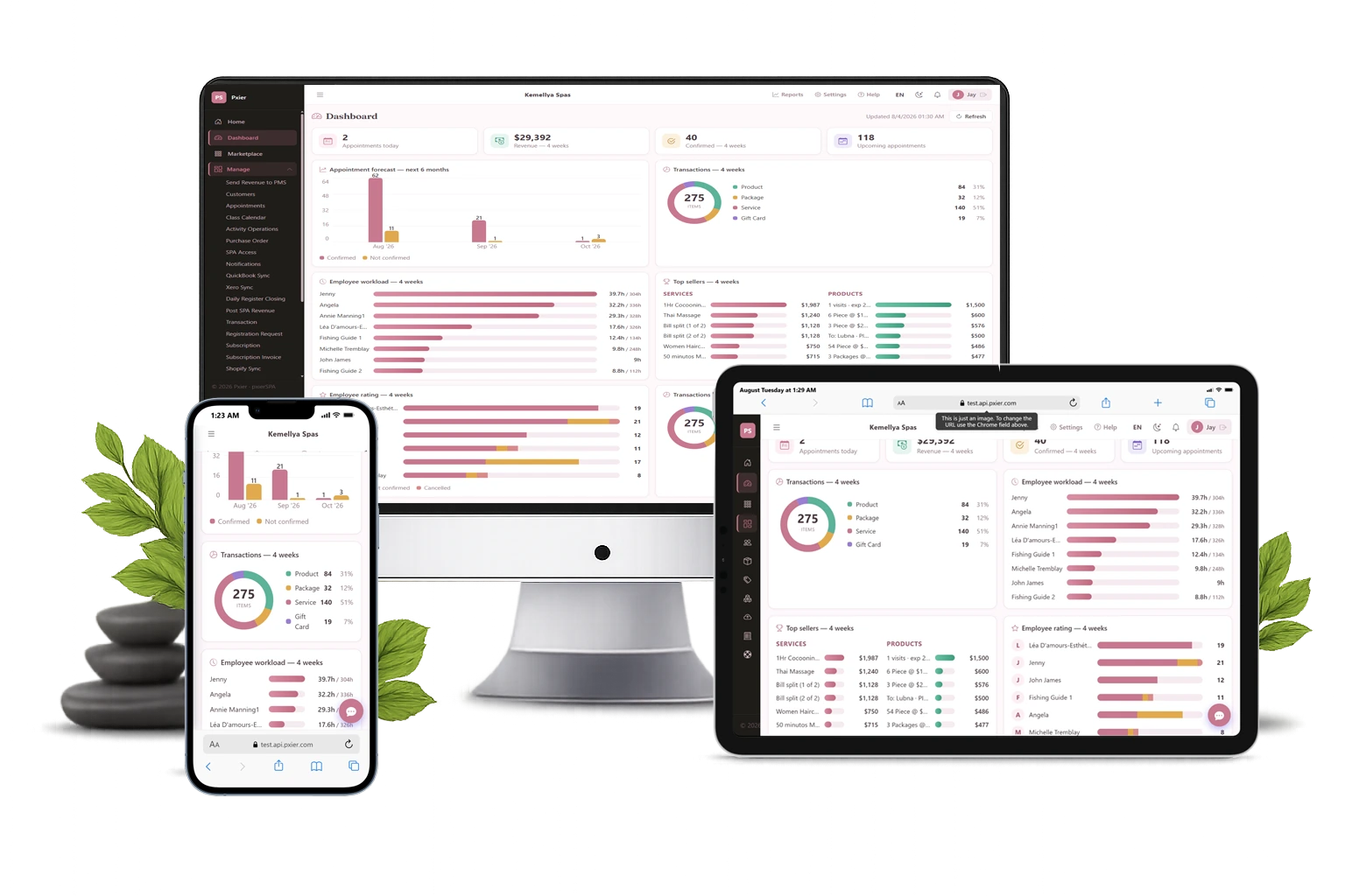 Logiciel de salon Pxier sur ordinateur, portable, tablette et mobile — tableau de bord avec les rendez-vous du jour, le chiffre d’affaires et la charge de travail des coiffeurs